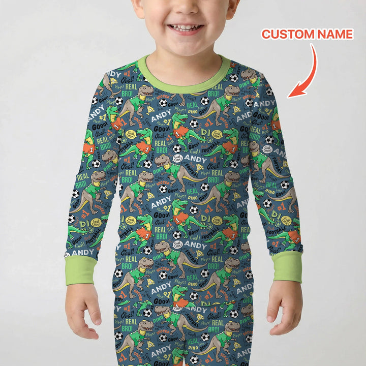 Custom Name Dino Soccer Bamboo Two Piece Long Sleeve Pajama Set