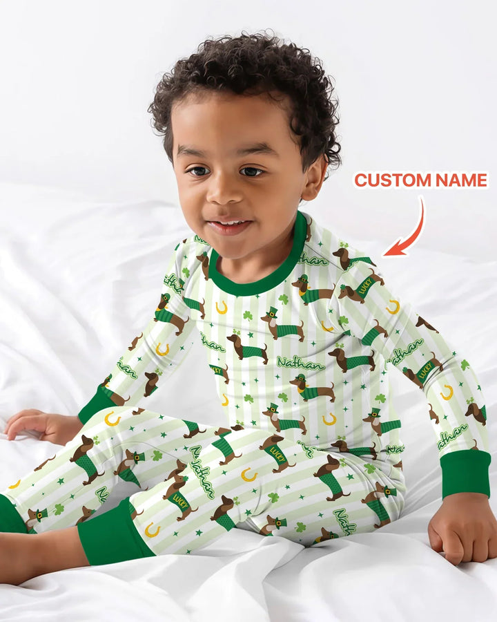 Lucky Dachshunds St. Patrick's Day Family Matching Bamboo Two Piece Long Sleeve Pajama Set