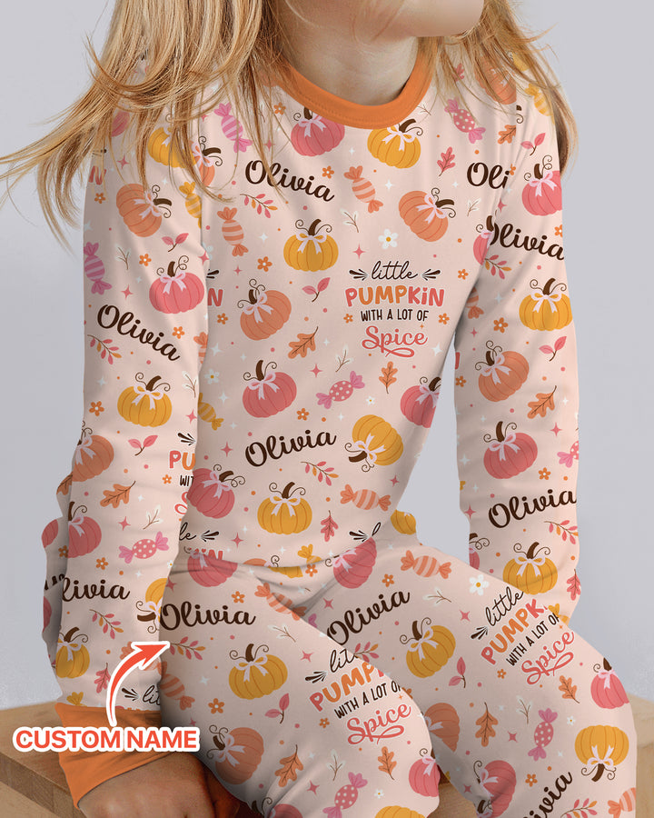 Custom Name Little Pumpkin With A Lot Of Spice Bamboo Two Piece Long Sleeve Pajama Set