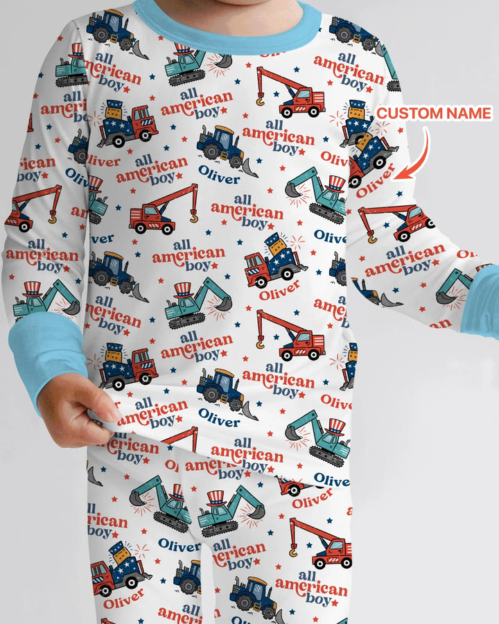 Custom Name All-American Boy Bamboo Two Piece Long Sleeve Pajama Set