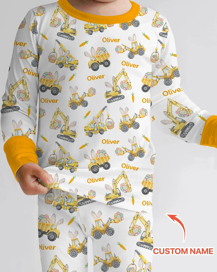 Custom name Eggs-cavator Construction Bamboo Two Piece Long Sleeve Pajama Set