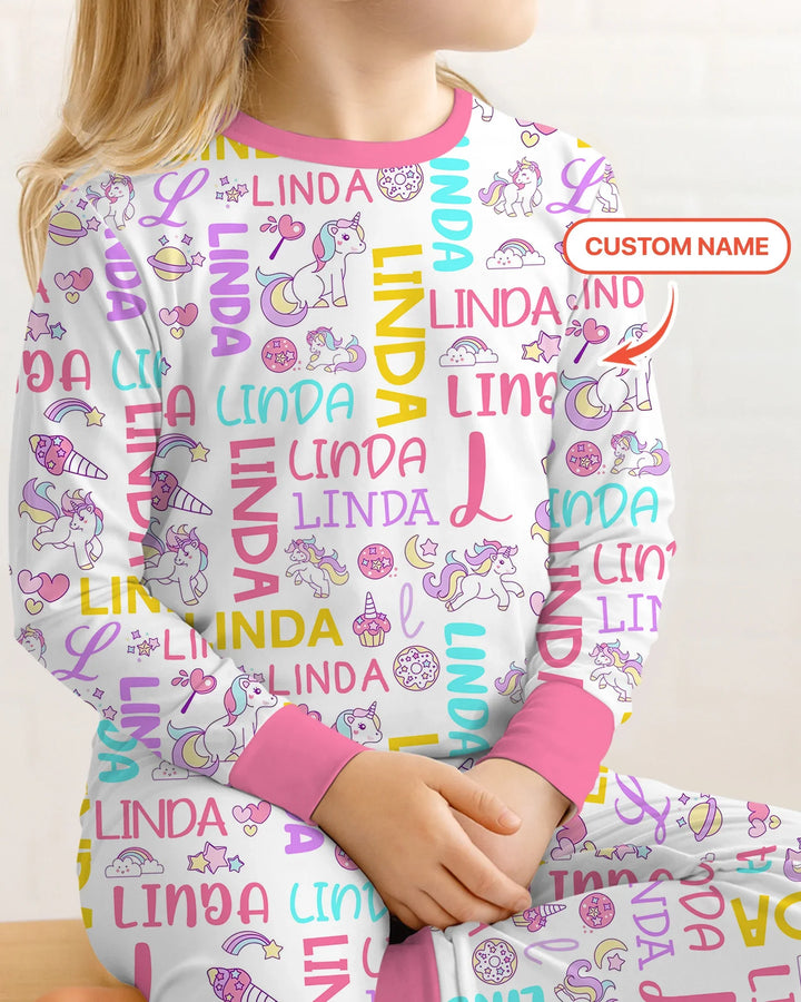 Personalized Fantasy Unicorn Word Bamboo Two Piece Long Sleeve Pajama Set