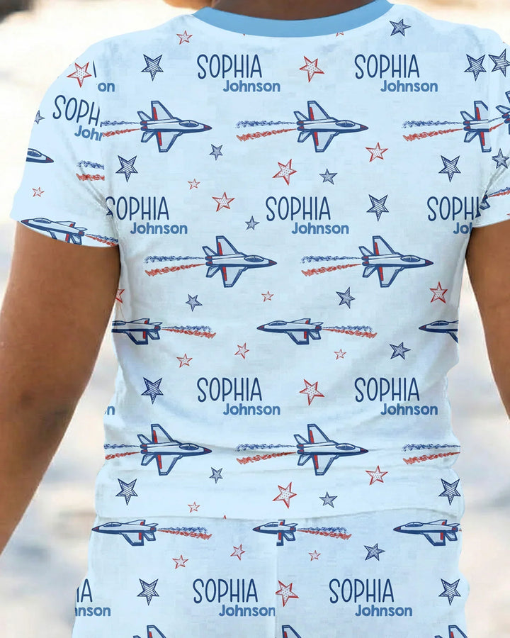 Patriotic American Flag Jet Fighter Bamboo Two Piece Short Sleeve Pajama Set