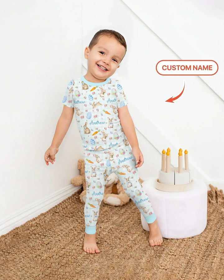 Custom Name Bunny Garden Bamboo Two Piece Short Sleeve Pajama Set