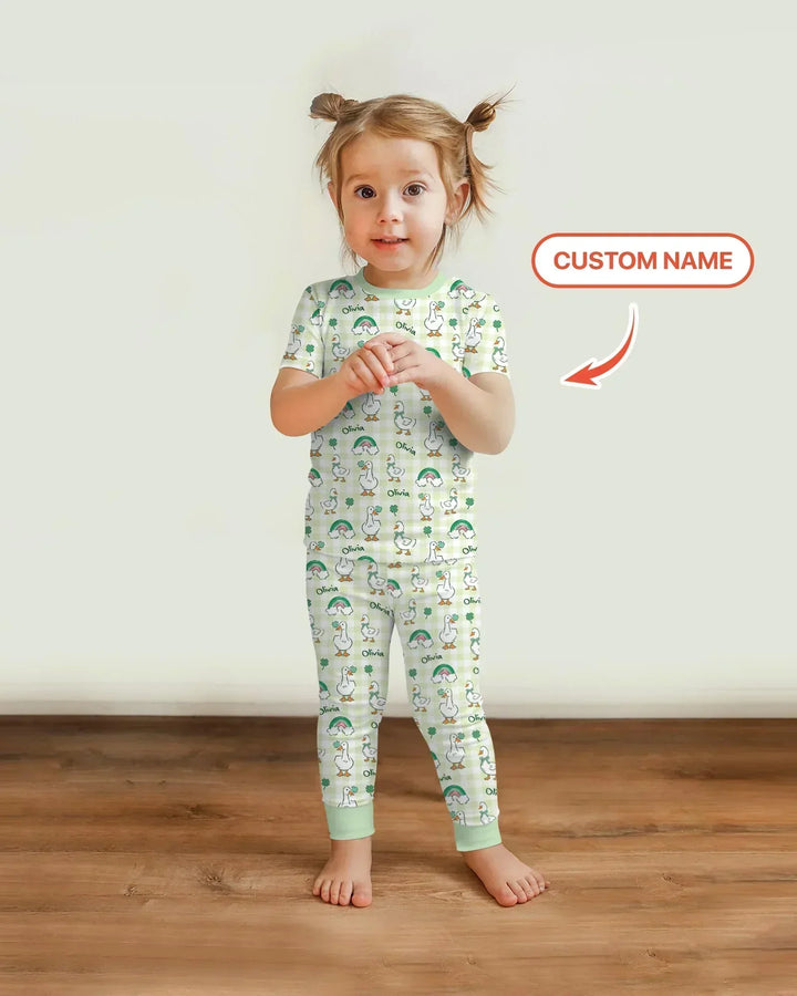 Custom Name Lucky Ducks Bamboo Two Piece Short Sleeve Pajama Set