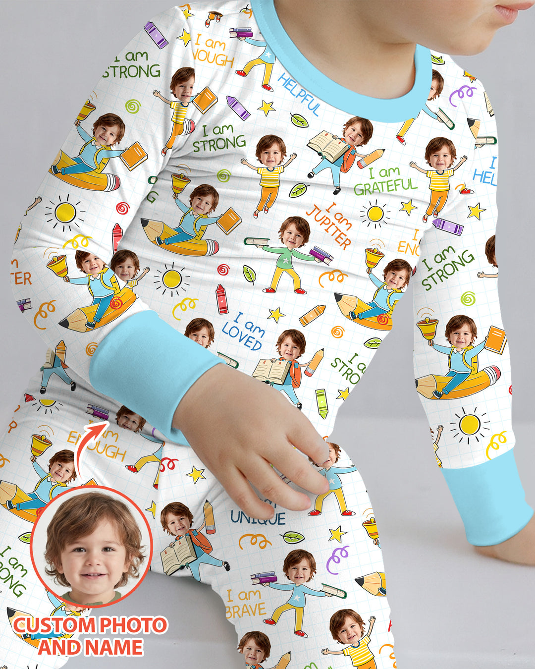 Custom Photo Kid Affirmations I Am Kind Bamboo Two Piece Long Sleeve Pajama Set