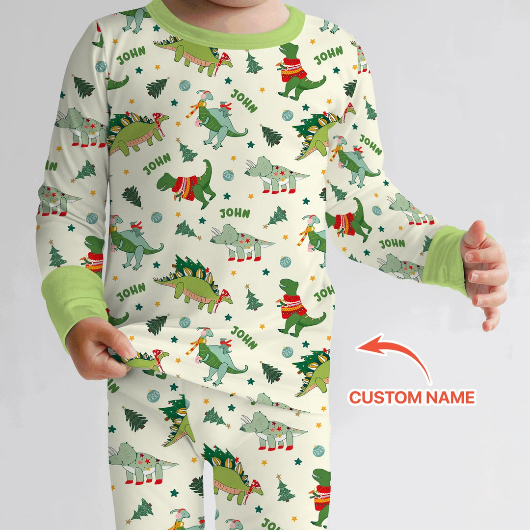 Custom Name Dinosaurs Christmas Tree Bamboo Two Piece Long Sleeve Pajama Set