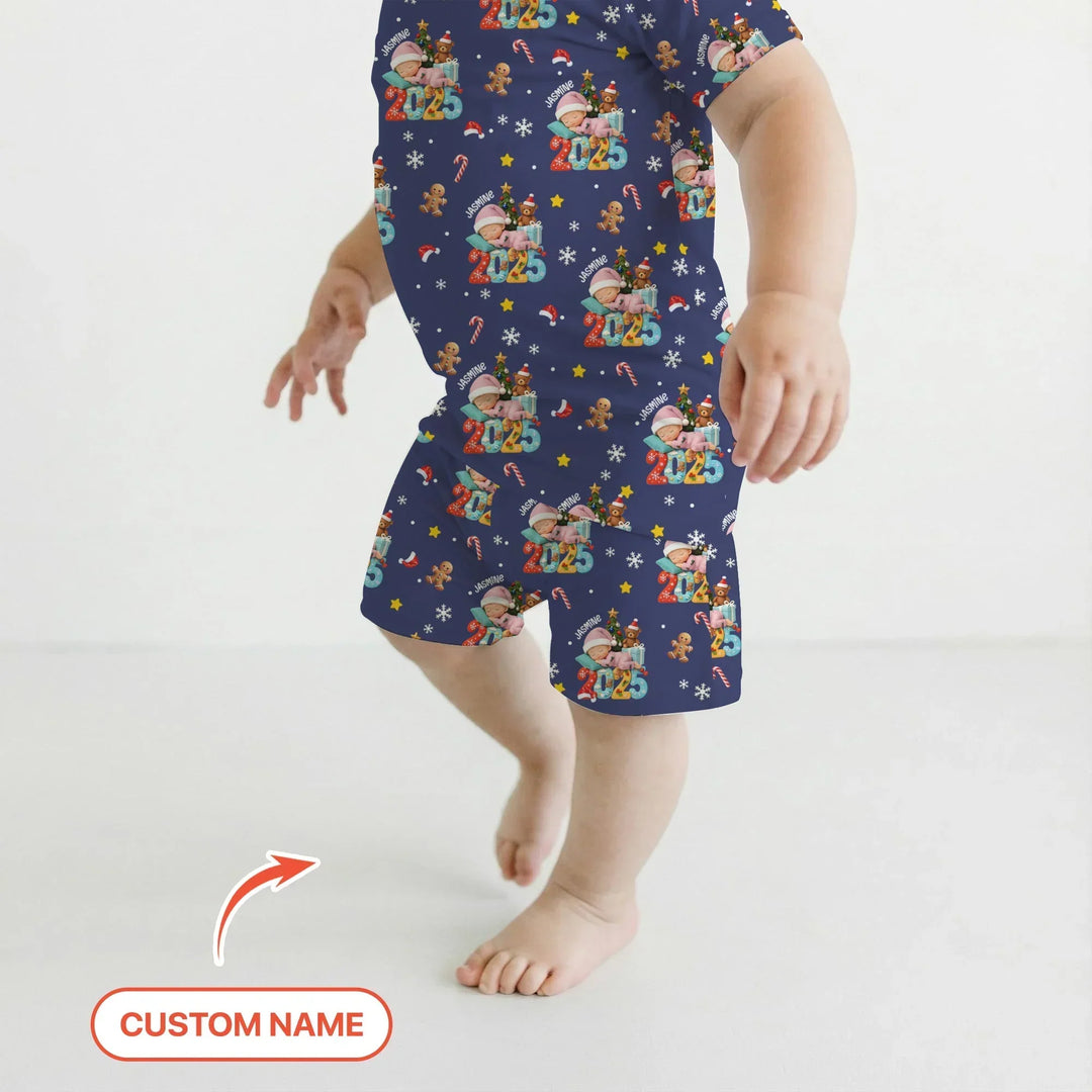 Custom Name Baby Girl's First Christmas Bamboo Two Piece Short Sleeve Shorts Pajama Set