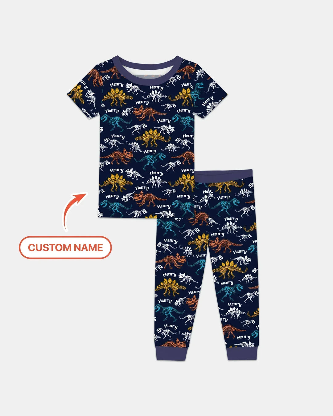 Dino Bones Parade Custom Name Bamboo Two Piece Short Sleeve Pajama Set