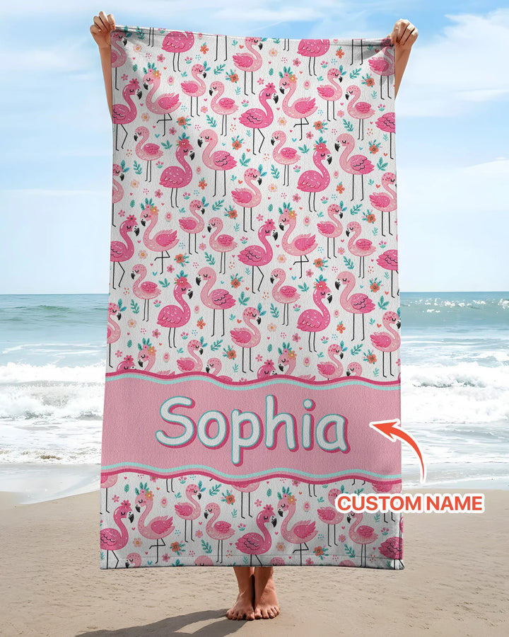 Custom Name Hello Flamingo Bamboo Beach Towel