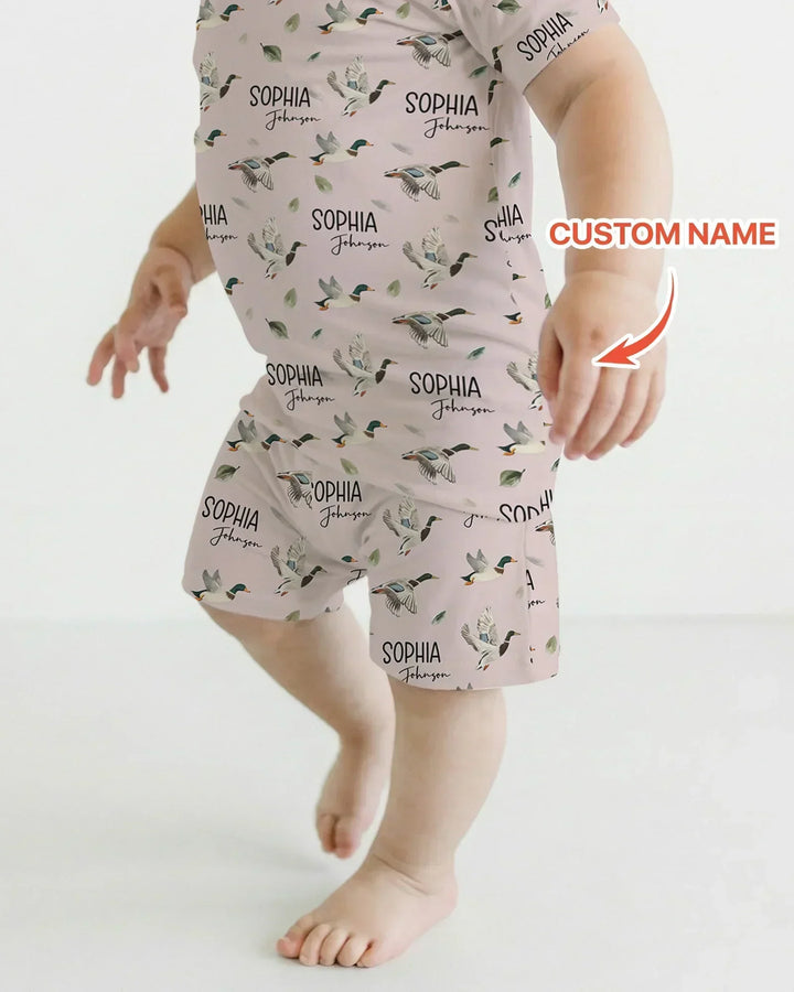 Custom Name Mallard Duck Bamboo Two Piece Short Sleeve Shorts Pajama Set