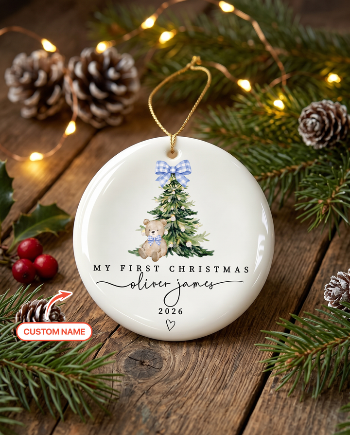 Custom Name First Christmas Teddy Bear Ceramic Ornament