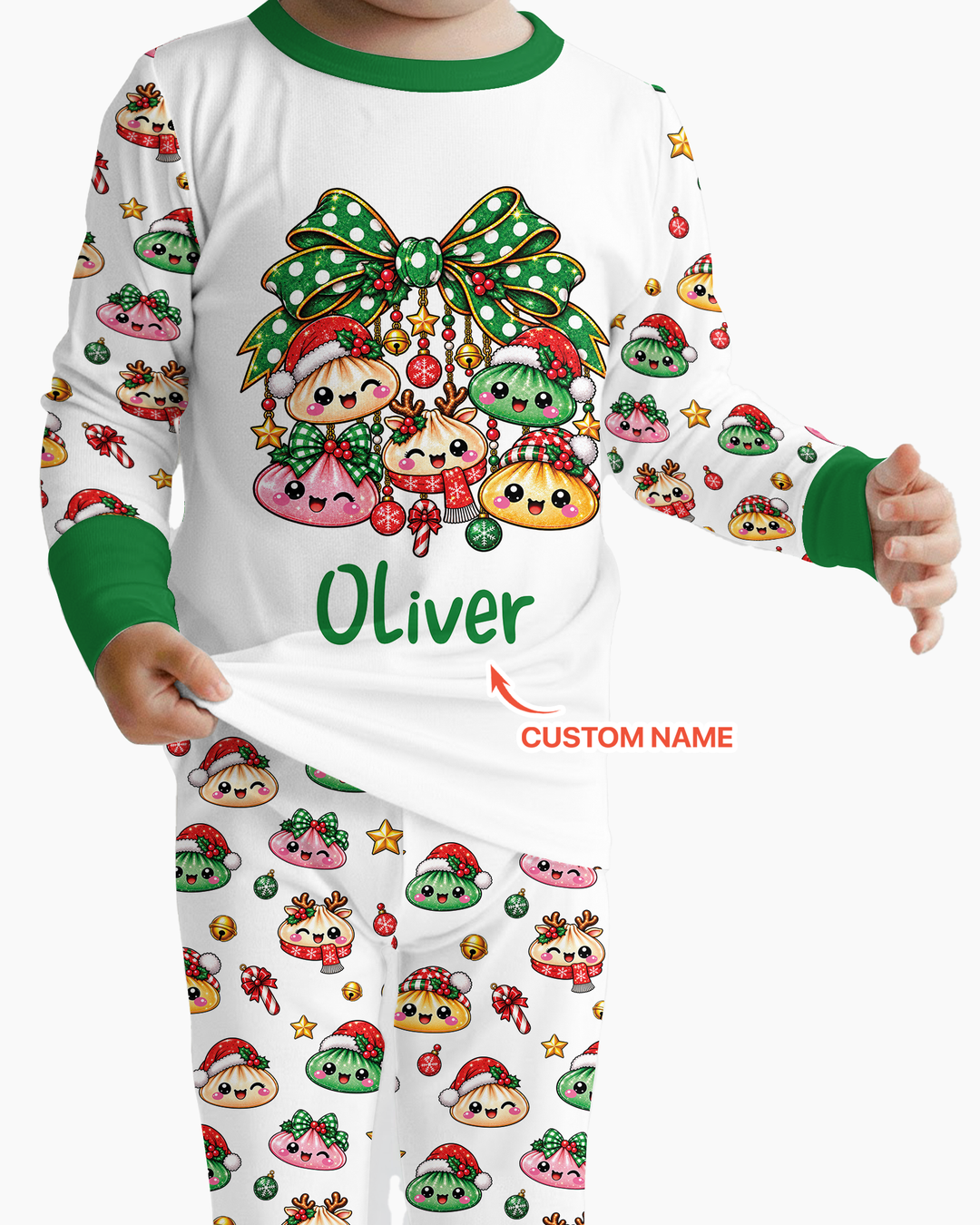 Custom Name Christmas Dumpling The Bow Bamboo Two Piece Long Sleeve Pajama Set