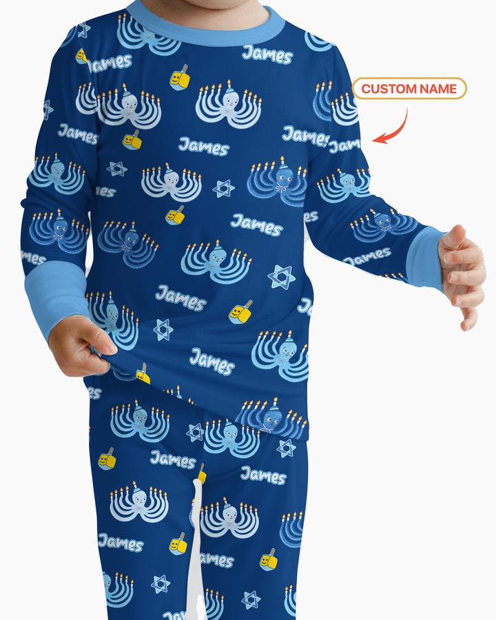 Hanukkah Jewish Octopus Bamboo Two Piece Long Sleeve Pajama Set