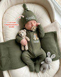 Teddy Bear Embroidered Name Ribbed Bamboo Zipper Footie