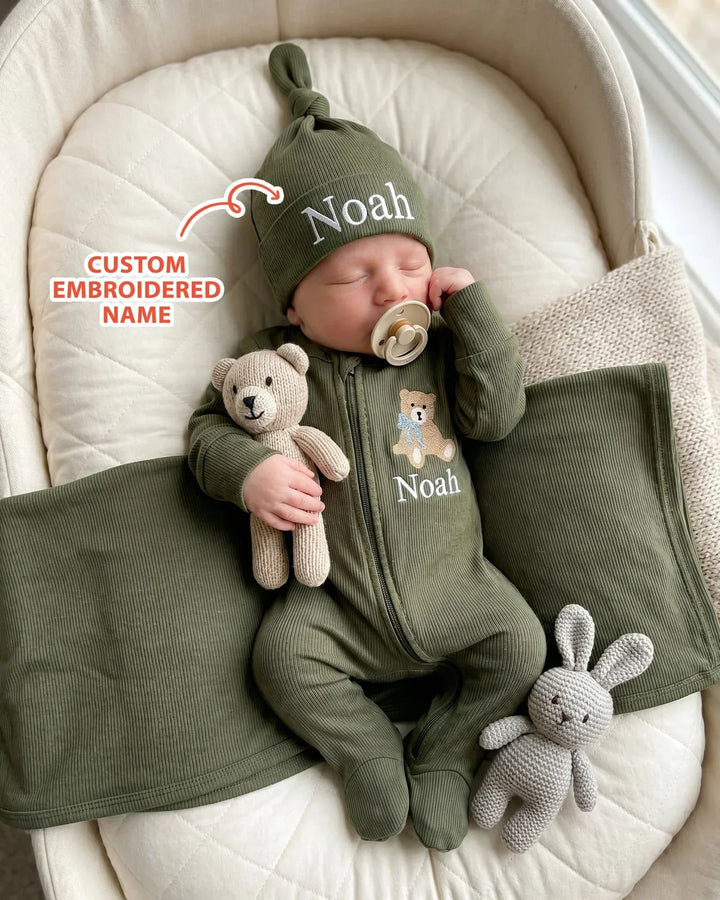 Personalized Teddy Bear Embroidered Ribbed Bamboo Welcome Home Bundle
