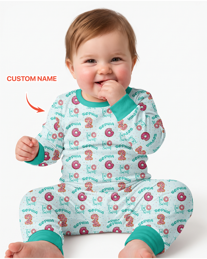Custom Name Two Sweet Donut Bamboo Two Piece Long Sleeve Pajama Set