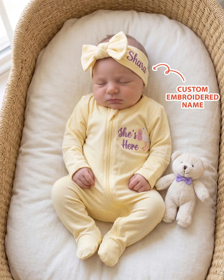 Personalized She's Here Embroidered Bamboo Zipper Footie