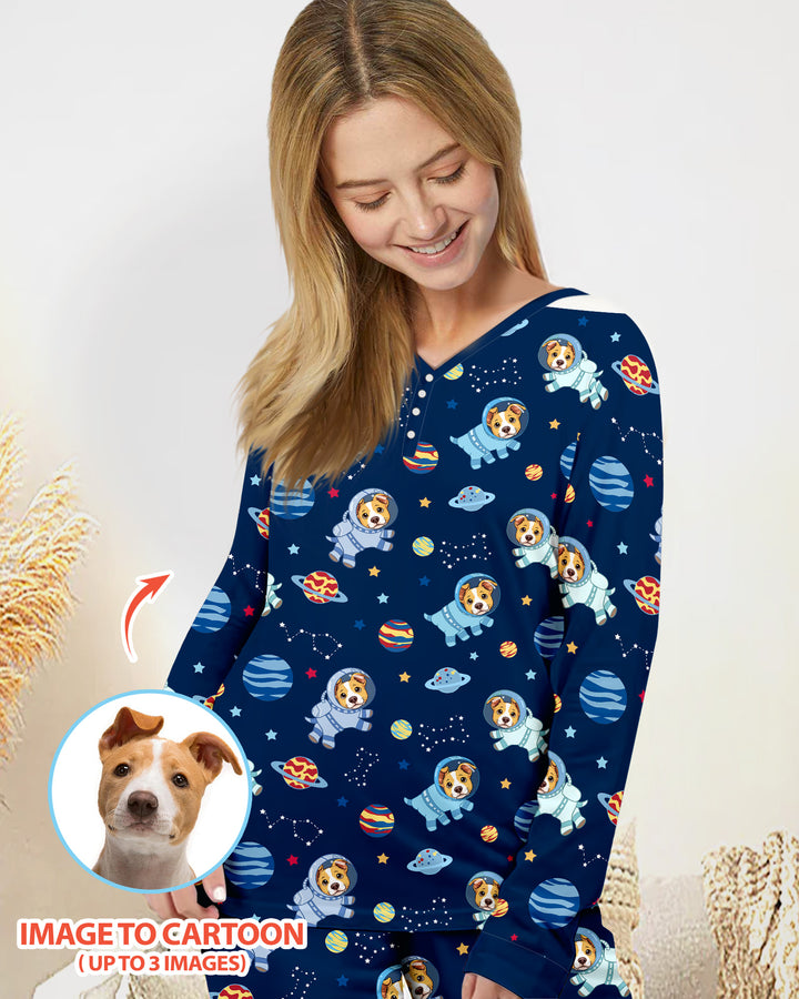 Astronaut Custom Pet Image Family Matching Bamboo Women Pajama Set