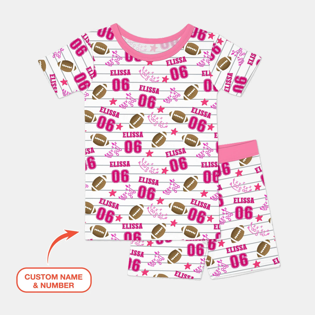 Custom Name Football Time Pink Bamboo Two Piece Short Sleeve Shorts Pajama Set