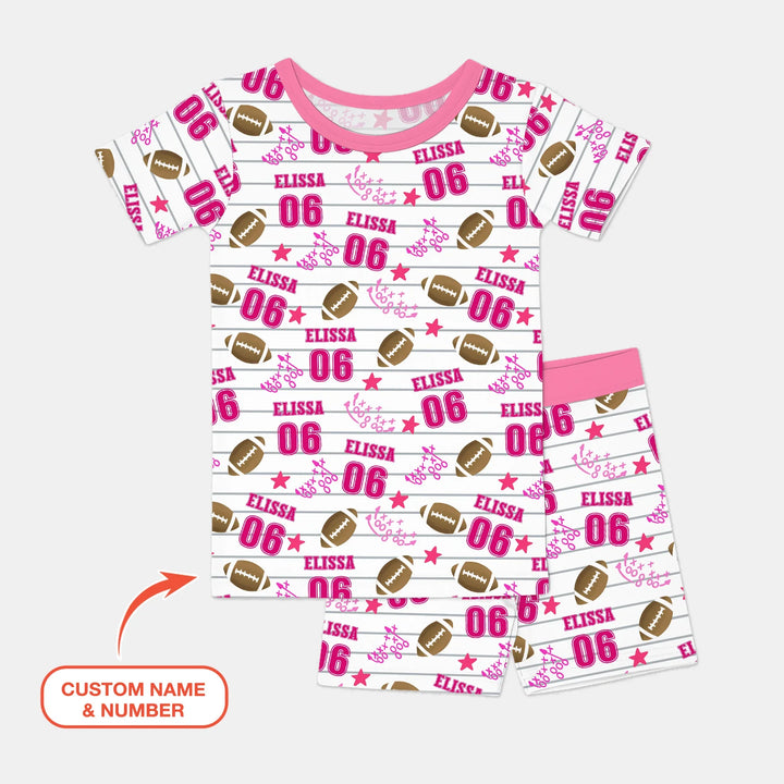 Custom Name Football Time Pink Bamboo Two Piece Short Sleeve Shorts Pajama Set