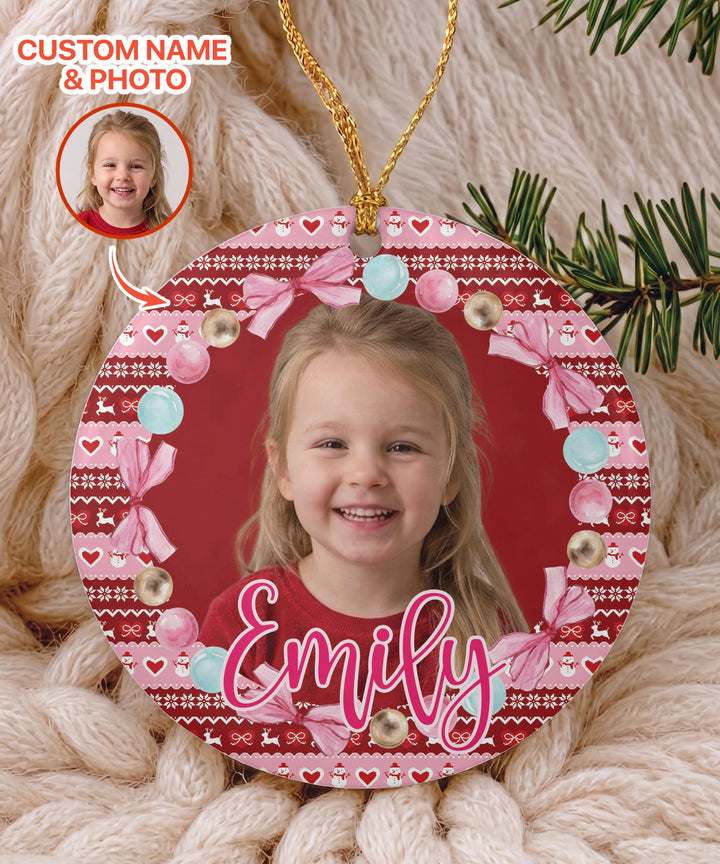 Custom Photo Pink Christmas Keepsake Ceramic Ornament