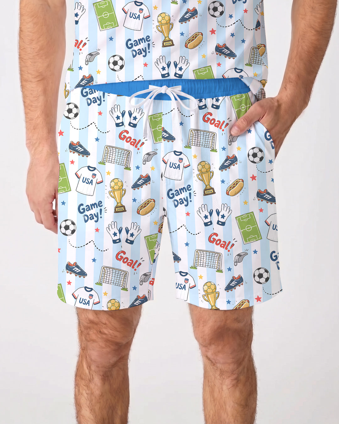 Striped Soccer Game Day Family Matching Bamboo Men Short Sleeve Short Pajama Set