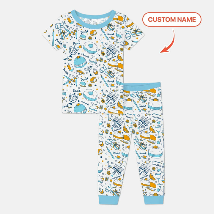 Happy Hanukkah Doodles Custom Name Family Matching Bamboo Two Piece Short Sleeve Pajama Set