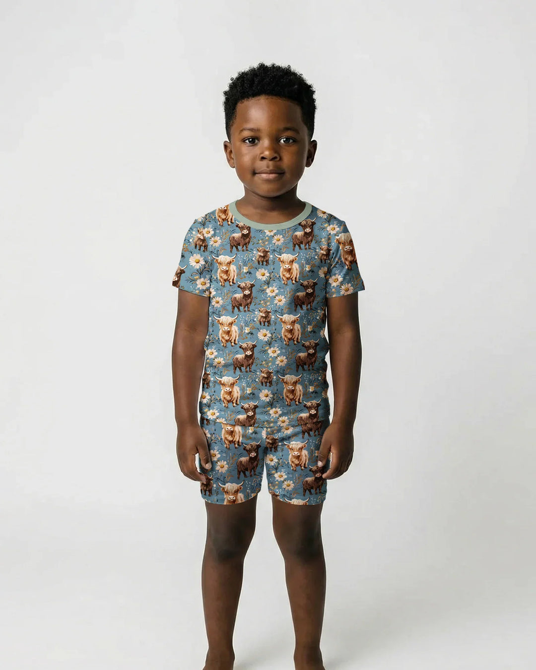 Majestic Highland Cows Family Matching Bamboo Two Piece Short Sleeve Shorts Pajama Set