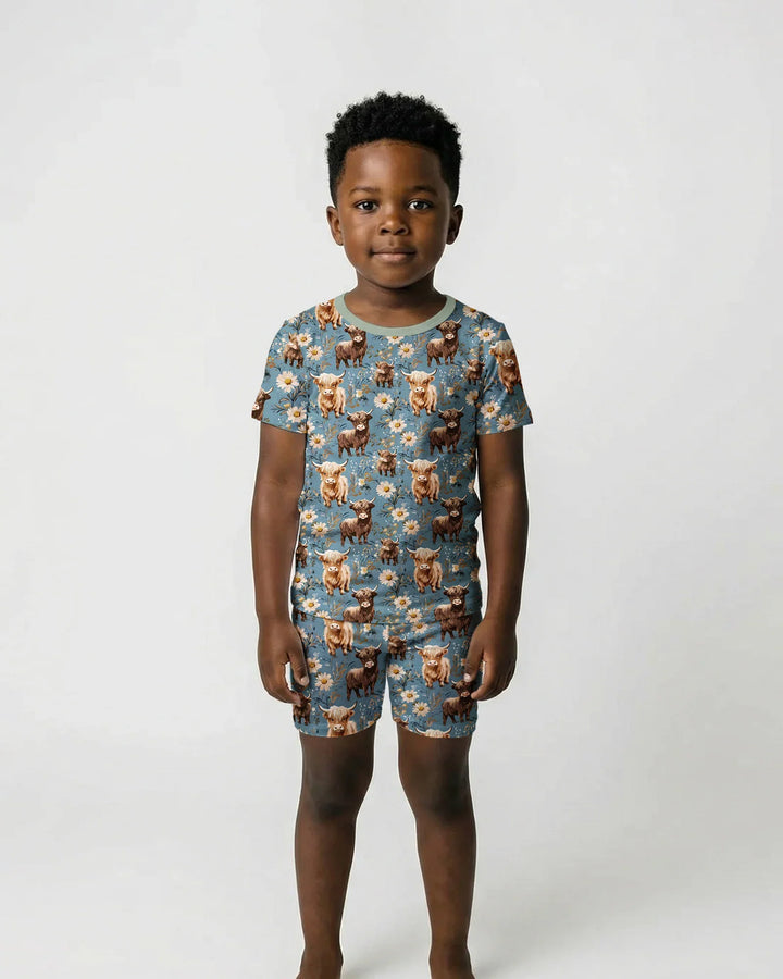 Majestic Highland Cows Family Matching Bamboo Two Piece Short Sleeve Shorts Pajama Set