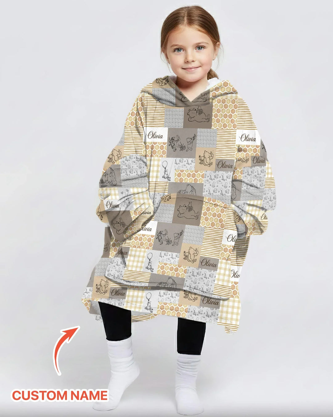 Personalized Classic Bear Patchwork  Bamboo Blanket Hoodie
