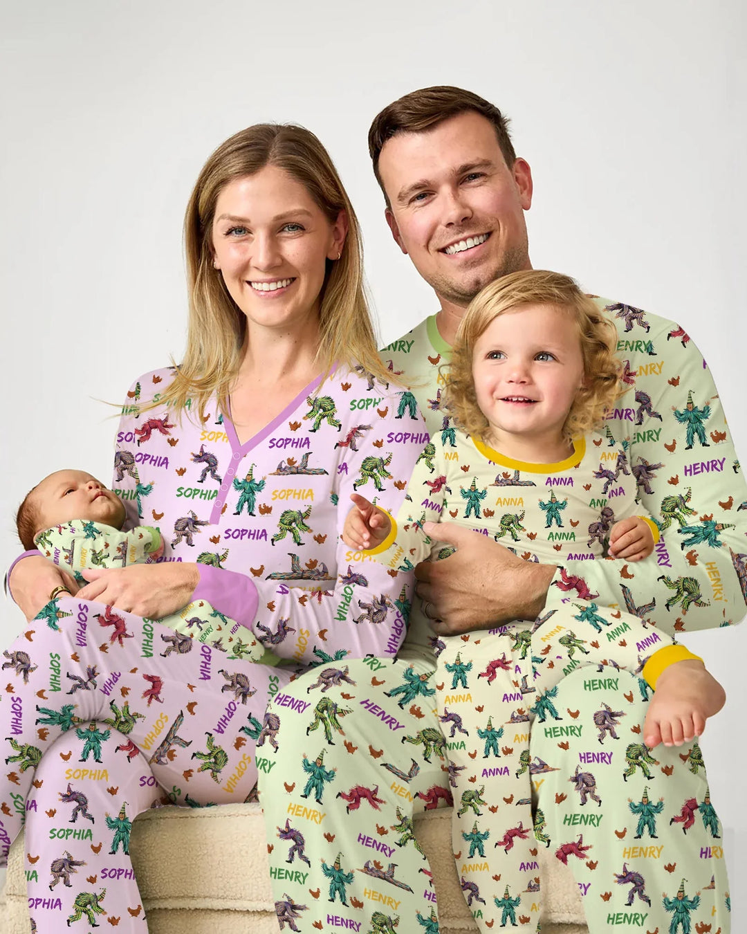 Custom Name Mardi Gras Chicken Chase Family Matching Bamboo Two Piece Long Sleeve Pajama Set