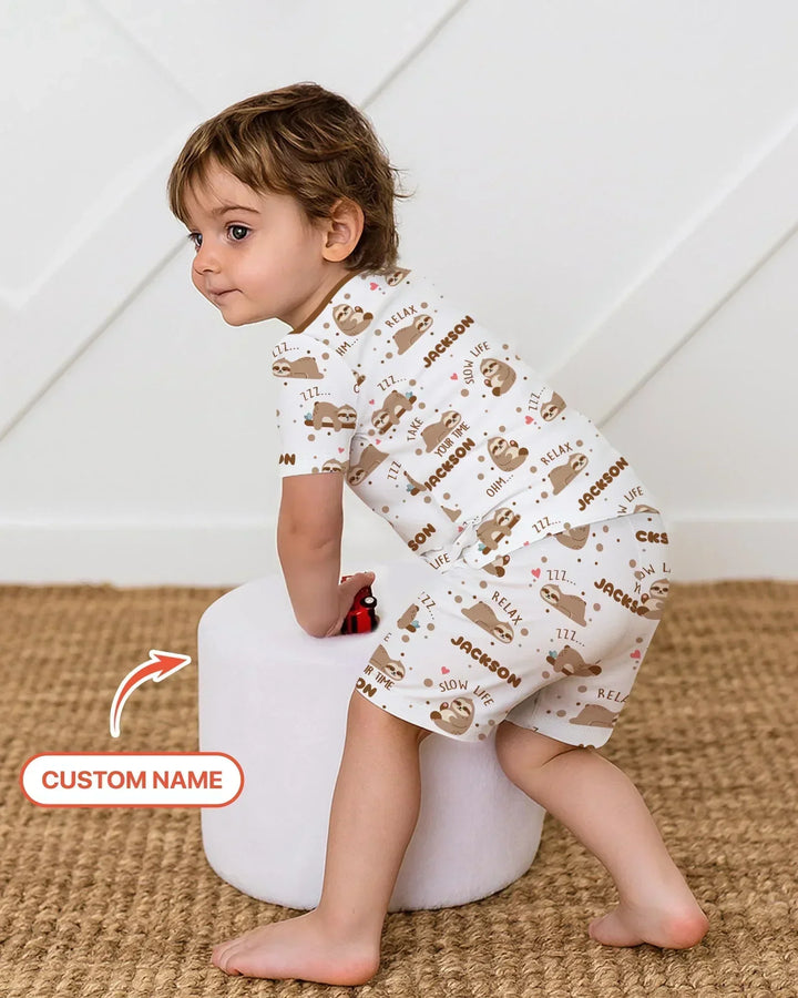 Custom Name Cute Sloth Bamboo Two Piece Short Sleeve Shorts Pajama Set