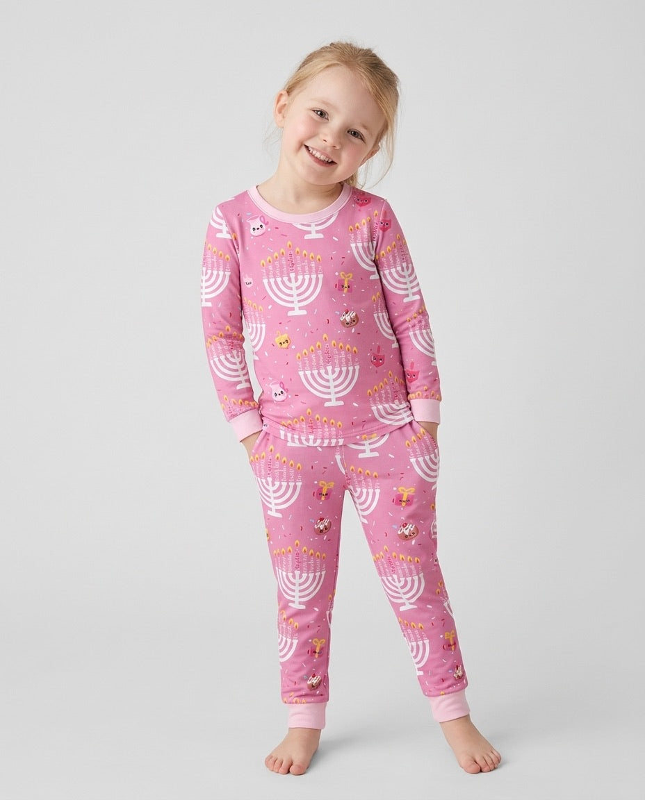 Custom Name Hannukkah Menorah Family Matching Bamboo Two Piece Long Sleeve Pajama Set
