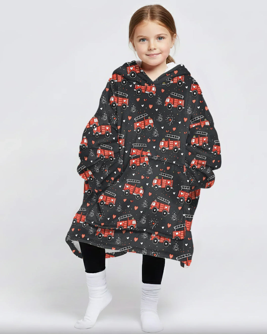 Valentine Fire Trucks Wearable Bamboo Blanket Hoodie