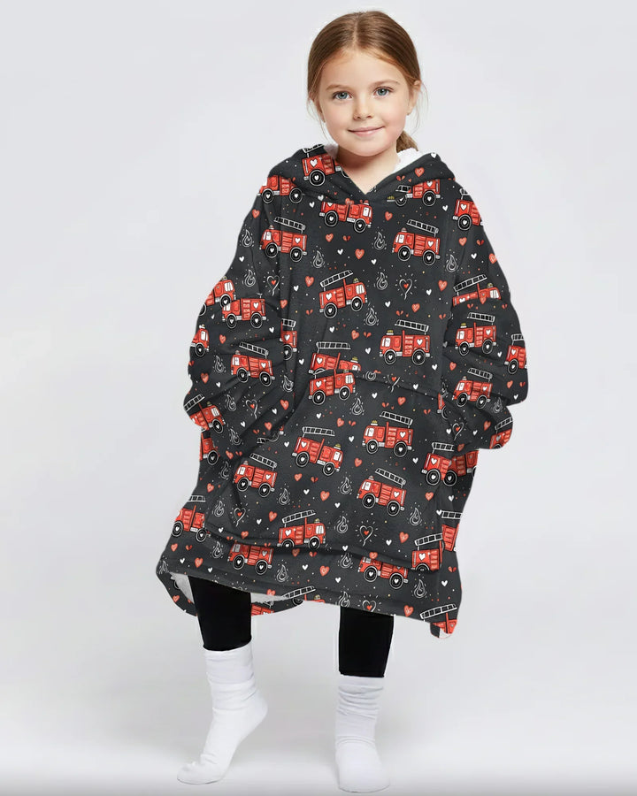 Valentine Fire Trucks Wearable Bamboo Blanket Hoodie
