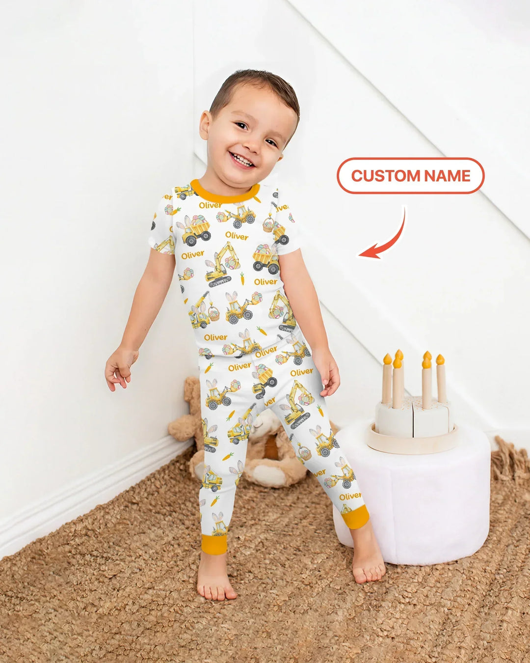 Custom Name Eggs-cavator Construction Bamboo Two Piece Short Sleeve Pajama Set