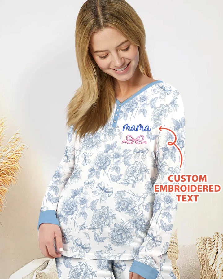 Custom Embroidered Mommy and Me Toile Matching Bamboo Women Pajama Set