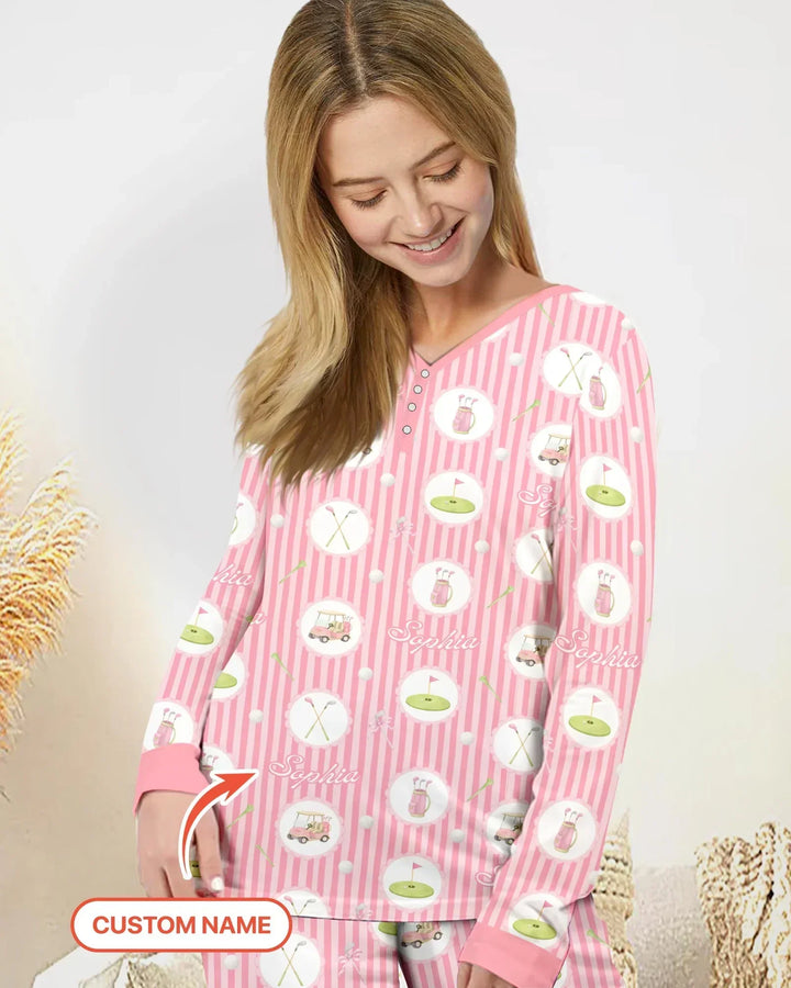 Custom Name Pink Golf Girl Bamboo Women Pajama Set