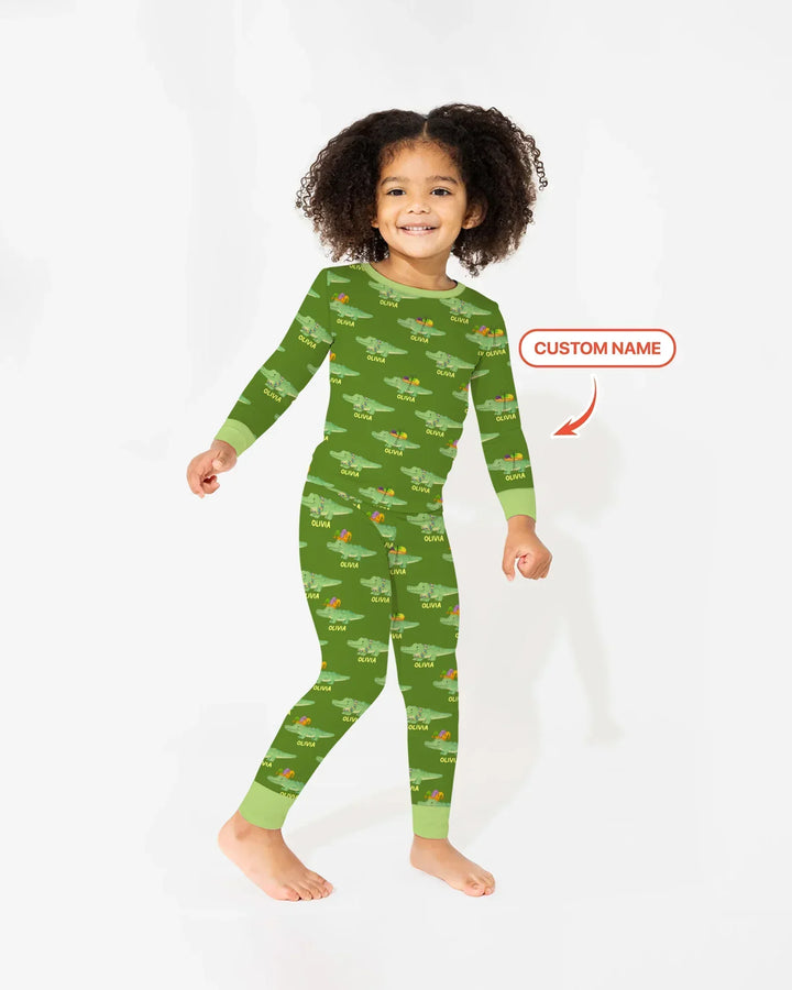 Custom Name Mardi Gras Gator Bamboo Two Piece Long Sleeve Pajama Set