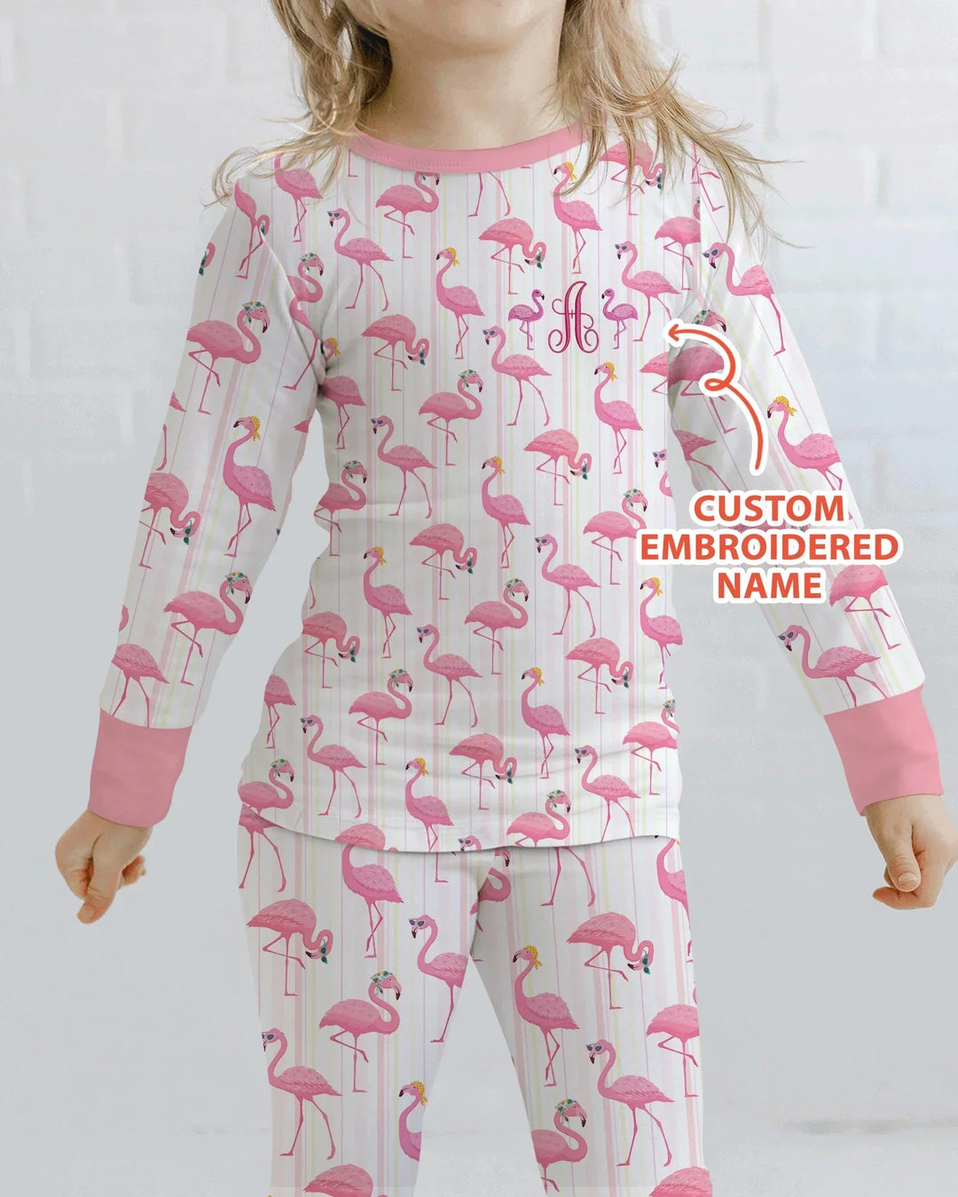 Custom Name Embroidered Flamingo Bamboo Two Piece Long Sleeve Pajama Set