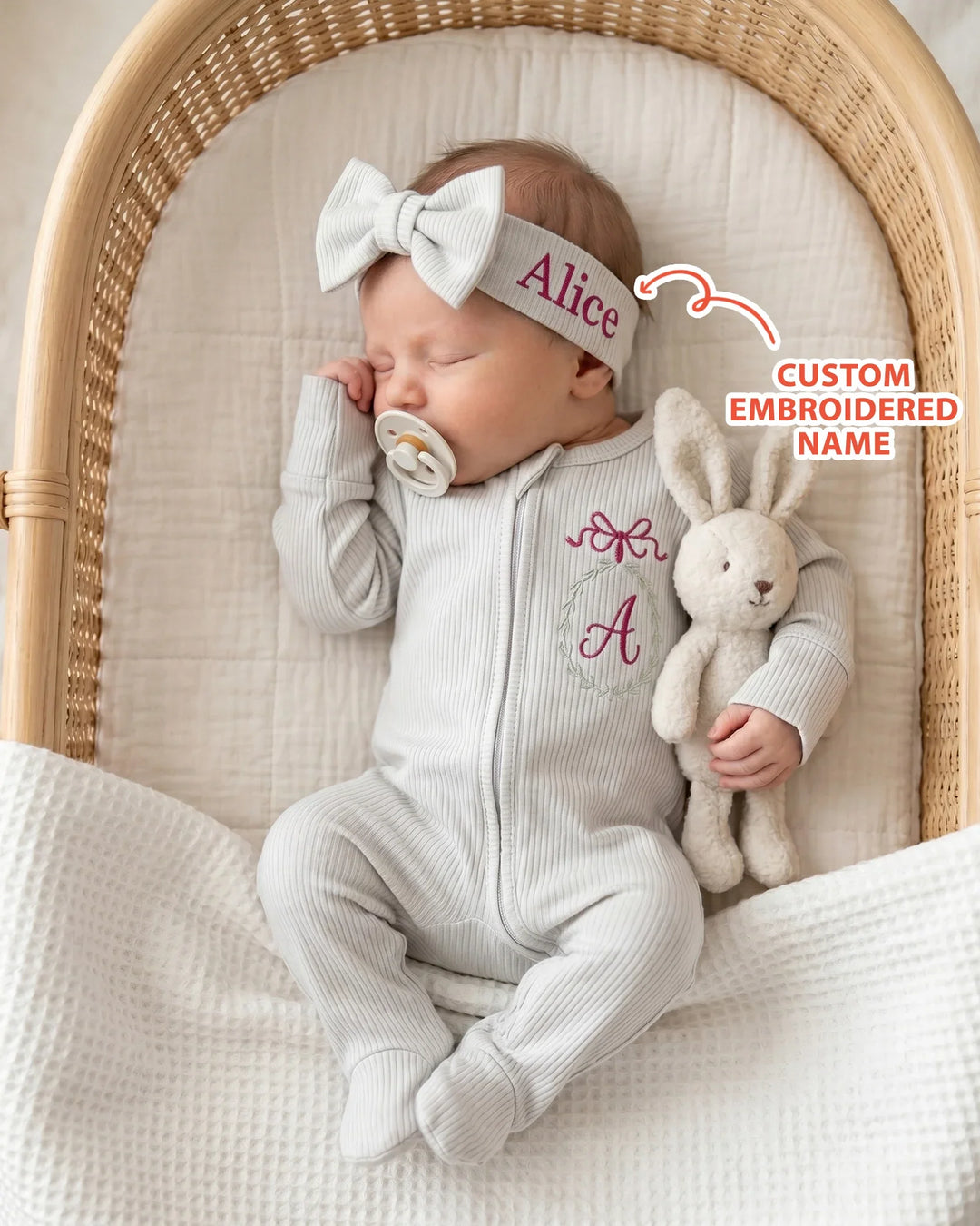 Custom Name Bow Wreath Embroidered Ribbed Bamboo Welcome Home Bundle