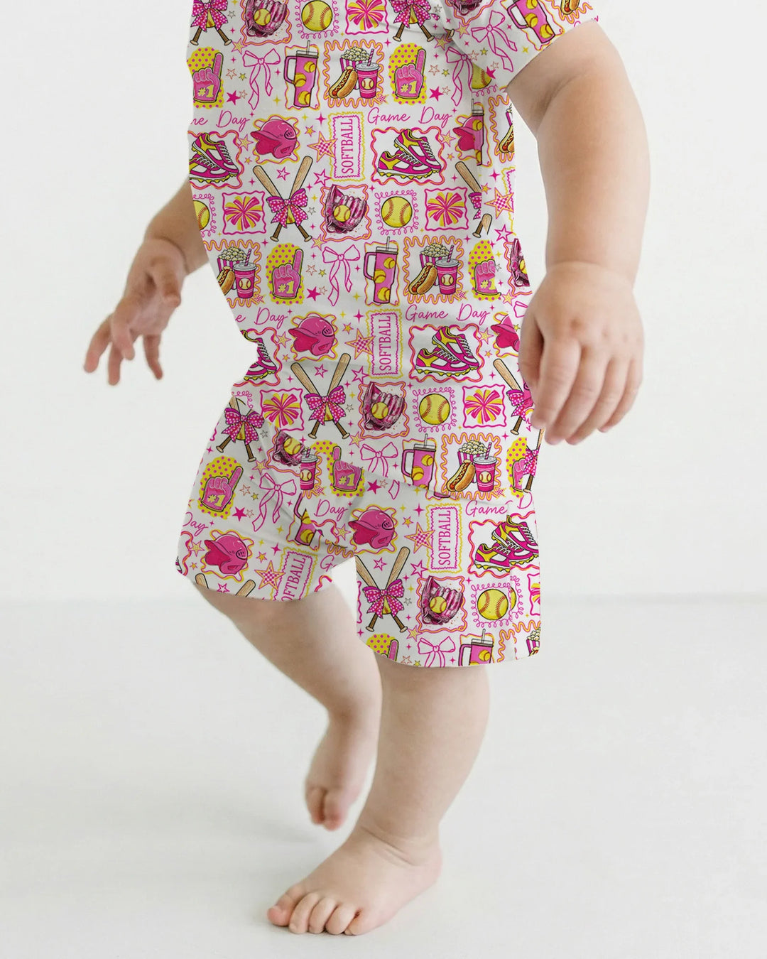 Pink Softball Game Day Bamboo Two Piece Short Sleeve Shorts Pajama Set