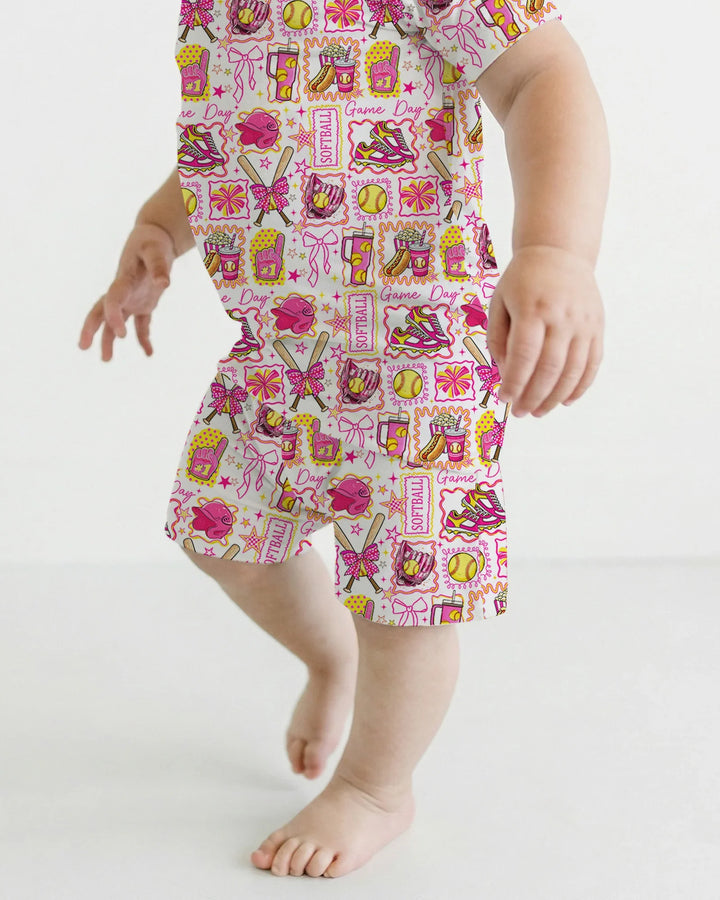 Pink Softball Game Day Bamboo Two Piece Short Sleeve Shorts Pajama Set