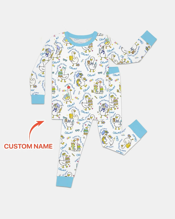 Custom Name Goose Happy 100 Days Of School Bamboo Two Piece Long Sleeve Pajama Set