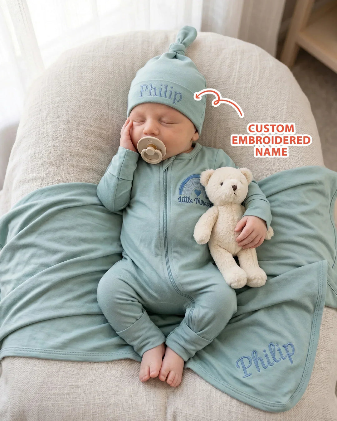 Personalized Little Miracle Blue Embroidered Bamboo Hat