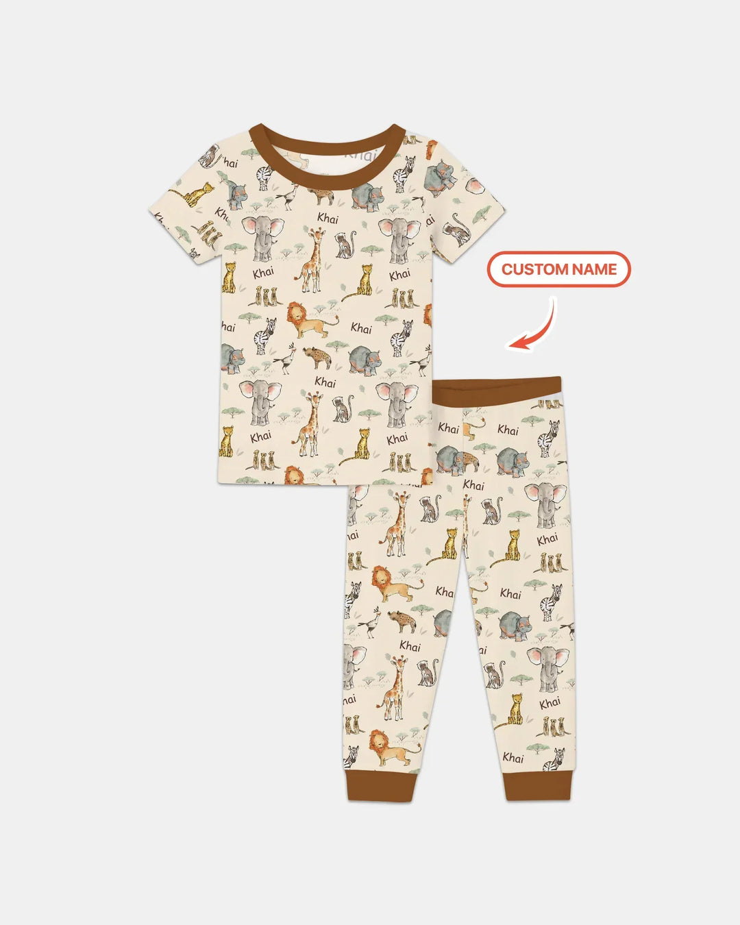 Safari Friends Custom Name Bamboo Two Piece Short Sleeve Pajama Set\