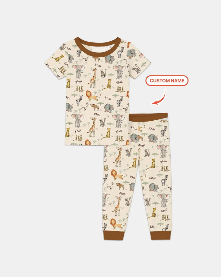 Safari Friends Custom Name Bamboo Two Piece Short Sleeve Pajama Set\