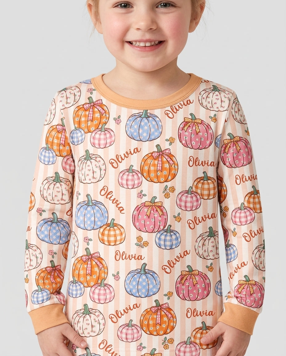 Custom Name Pumpkin Patch Bamboo Two Piece Long Sleeve Pajama Set