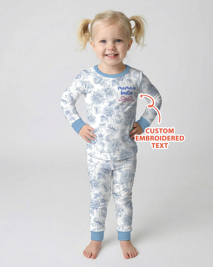 Custom Embroidered Mommy and Me Toile Matching Bamboo Two Piece Long Sleeve Pajama Set